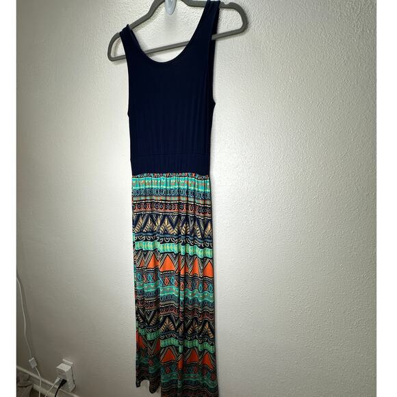 Gilli Navy Blue Teal Orange Multi Print Faux Wrap V-Neck Sleeveless Maxi Dress M - Picture 8 of 14